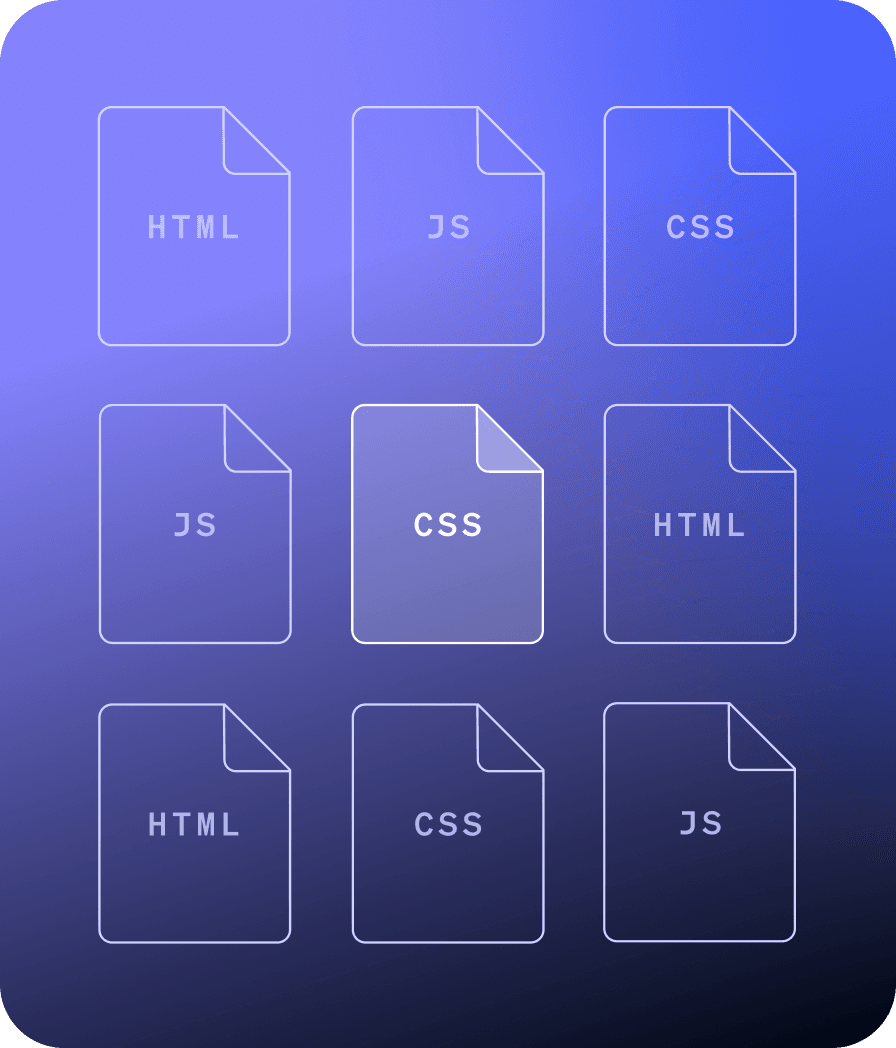 abstracted files with purple and blue theme and html, css, and js labels