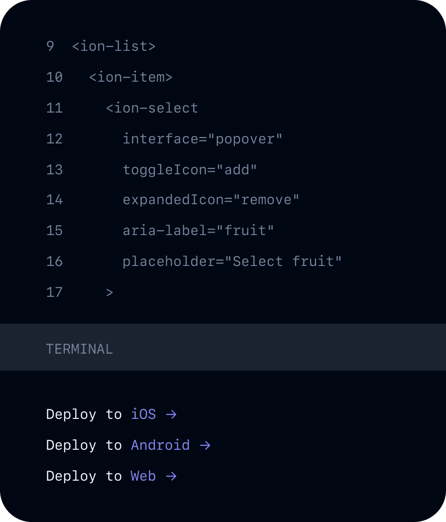 code snippet image with a terminal instance to deploy to web and app stores